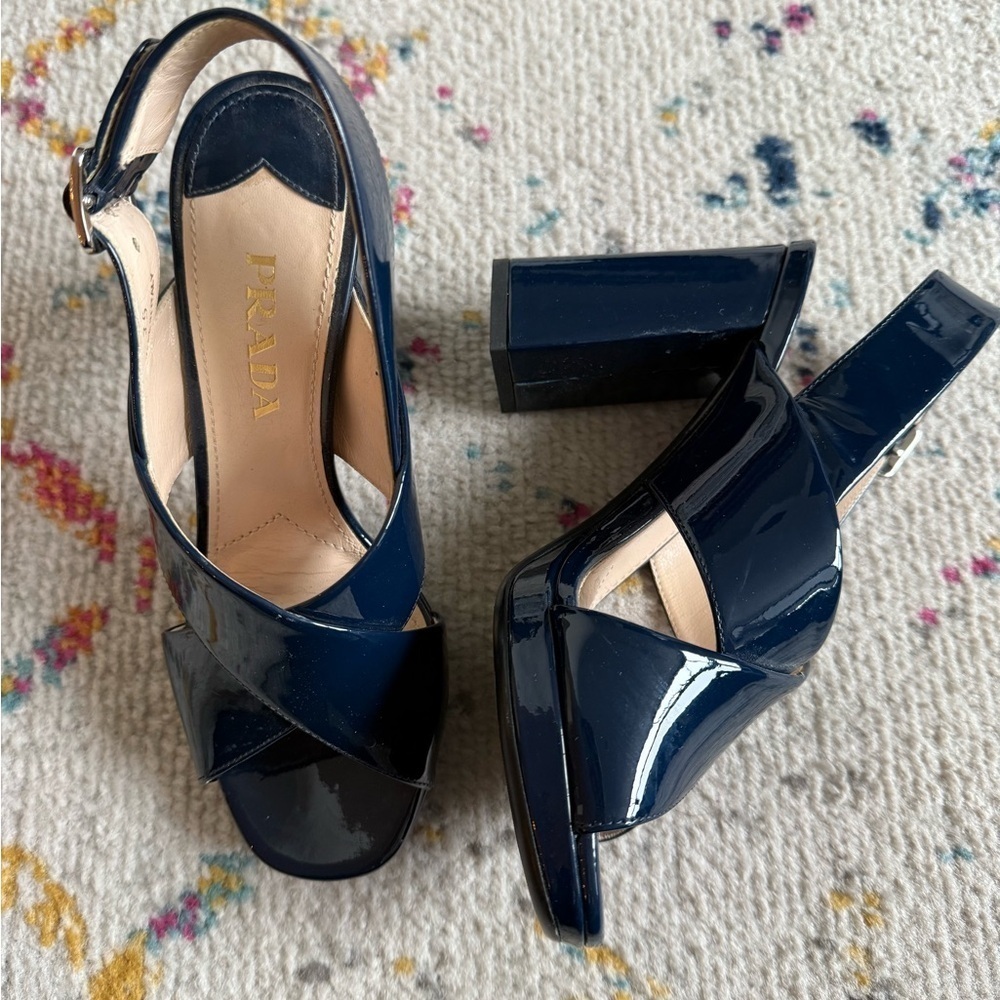 AUTHENTIC PRADA Blue Patent Leather across Cross Navy Block Heel Size 35